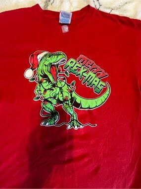 Delta Red Tee with Bright Green T-Rex Holiday Graphic